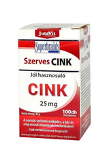 JutaVit Organic Zinc 25 mg Tablets packaging, 100 count, dietary supplement for mental function and skin health.