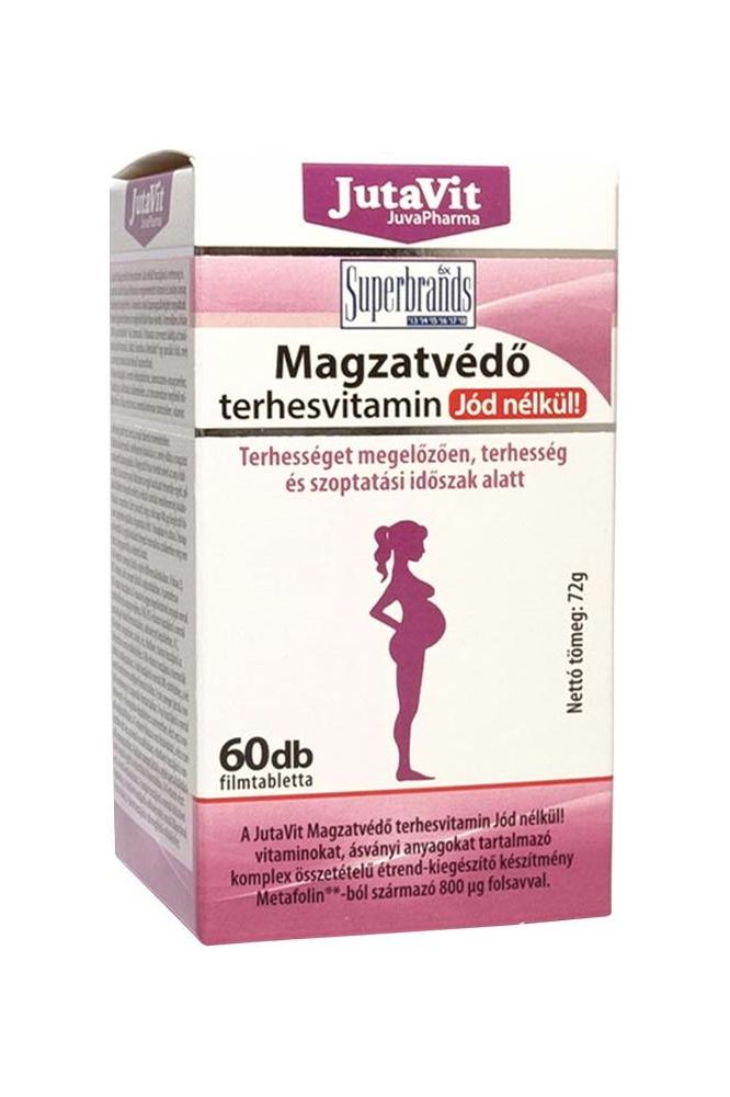 JutaVit Prenatal Vitamin Without Iodine packaging, 60 tablets, essential for pregnancy health.