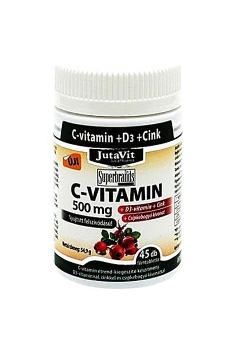 JutaVit C-Vitamin 500 mg tablet bottle, with D3 and Zinc for immune support and energy.