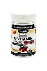 JutaVit C-Vitamin 500 mg tablet bottle, with D3 and Zinc for immune support and energy.