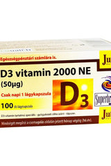 JutaVit Vitamin D 2000 IU softgel packaging with 100 capsules for calcium absorption and bone health.