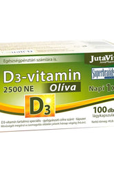 JutaVit Vitamin D3 2500 IU Oliva softgel packaging with health benefits information and capsule count.