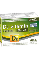 JutaVit Vitamin D3 2500 IU Oliva softgel packaging, 40 capsules, supports calcium absorption and bone health.