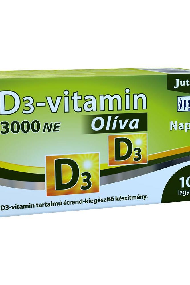 JutaVit Vitamin D3 3000 IU Olive supplement box, supports calcium absorption and healthy bones.