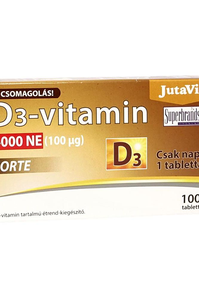 JutaVit Vitamin D3 Forte 4000 IU supplement box containing 100 tablets for optimal bone and dental health.