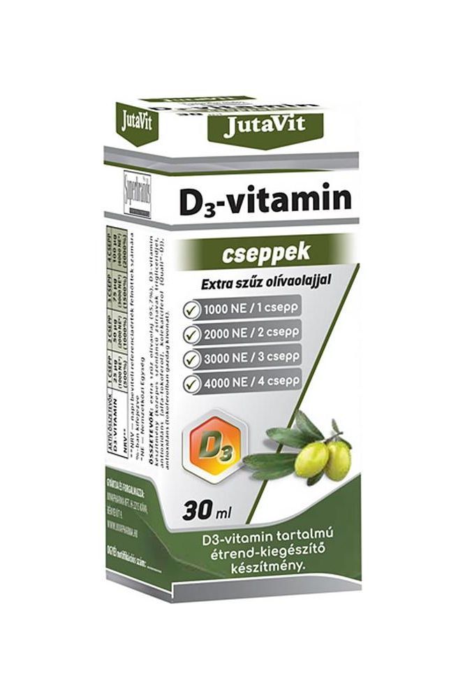 JutaVit Vitamin D3 drops with extra virgin olive oil 30ml packaging, promoting healthy bones and immune function.