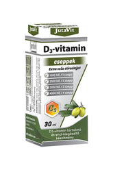 JutaVit Vitamin D3 drops with extra virgin olive oil 30ml packaging, promoting healthy bones and immune function.