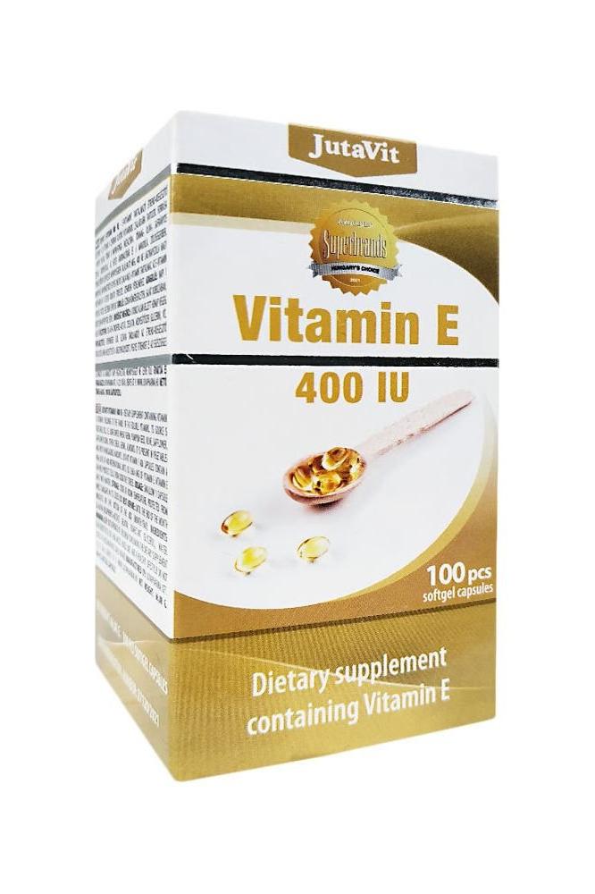 JutaVit Vitamin E 400 IU softgel dietary supplement for antioxidant support in a 100 count box. JutaVit Vitamin E 400 IU softgel dietary supplement for antioxidant support in a 100 count box.