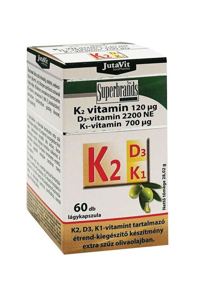 JutaVit Vitamin K2+D3+K1 softgels box featuring olive oil benefits, promoting healthy bones and blood coagulation.