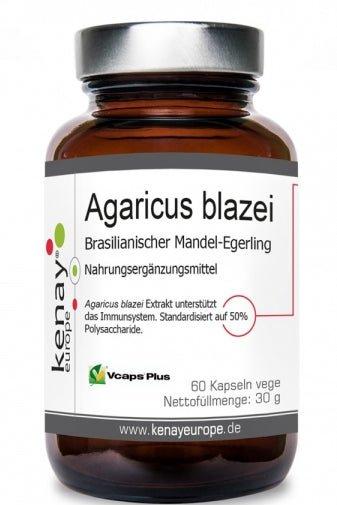 Kenay Agaricus Blazei mushroom supplement in eco-friendly glass jar, 60 vegetarian capsules for immune support.