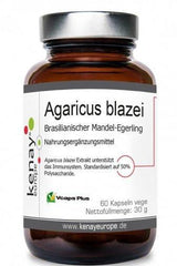 Kenay Agaricus Blazei mushroom supplement in eco-friendly glass jar, 60 vegetarian capsules for immune support.