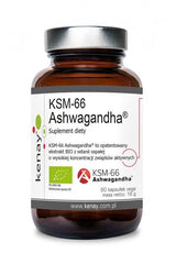 Kenay KSM-66 Ashwagandha supplement bottle with 60 capsules, promoting stress relief and mood improvement.