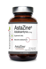 AstaZine® astaxanthin supplement bottle with 12 mg per capsule, featuring 30 capsules.