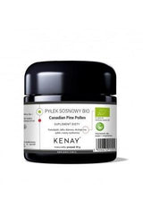 Kenay Canadian Pine Pollen powder in a black jar, 30g, a natural and organic dietary supplement.