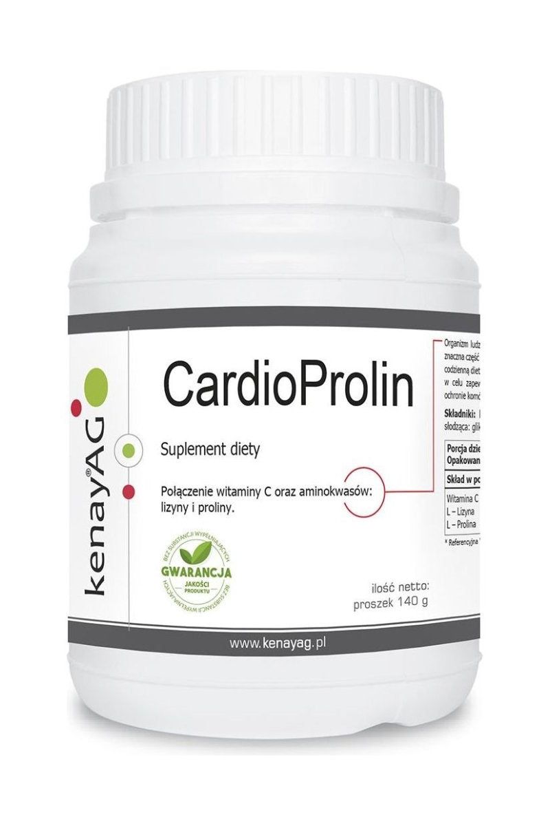 Kenay - CardioProlin dietary supplement container, 140 g, featuring amino acids and vitamin C for heart health.