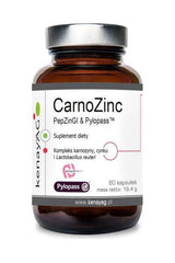 Kenay Carnozinc supplement bottle containing PepZinGI and Pylopass, 60 capsules for immune support and digestion.