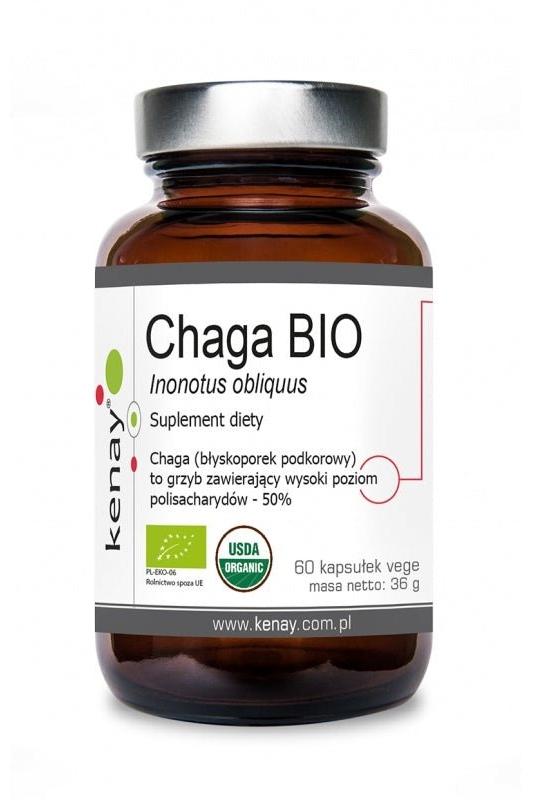 Kenay Chaga Organic supplement in a brown bottle with 60 vegan capsules for immune support and polysaccharides.