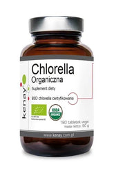 Kenay Organic Chlorella supplement bottle with 180 tablets, rich in nutrients and certified organic.