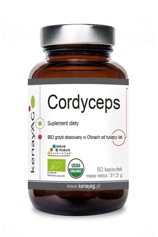 Kenay Cordyceps supplement bottle with 60 capsules for health and wellness.
