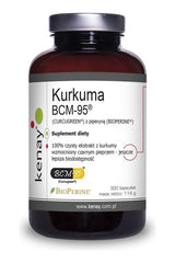 Kenay Kurkuma BCM-95 supplement bottle with piperine for improved health benefits.