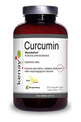 Kenay Curcumin MicroActive supplement bottle, featuring 300 vegan capsules promoting health benefits.