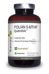 Kenay Folate 5-MTHF Quatrefolic dietary supplement bottle, 300 vegan capsules, supports blood production and normal metabolism.