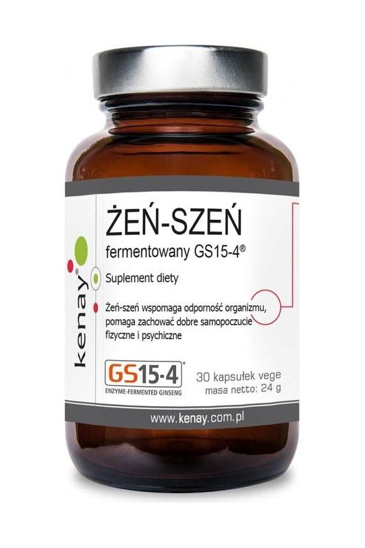 Kenay fermented ginseng GS15-4 dietary supplement in a glass bottle, 30 caps, promoting better absorption and energy.