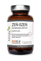 Kenay fermented ginseng GS15-4 dietary supplement in a glass bottle, 30 caps, promoting better absorption and energy.
