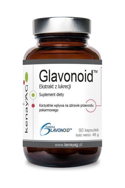Kenay Glavonoid licorice extract supplement in a brown bottle with 90 capsules, marked for digestive health.