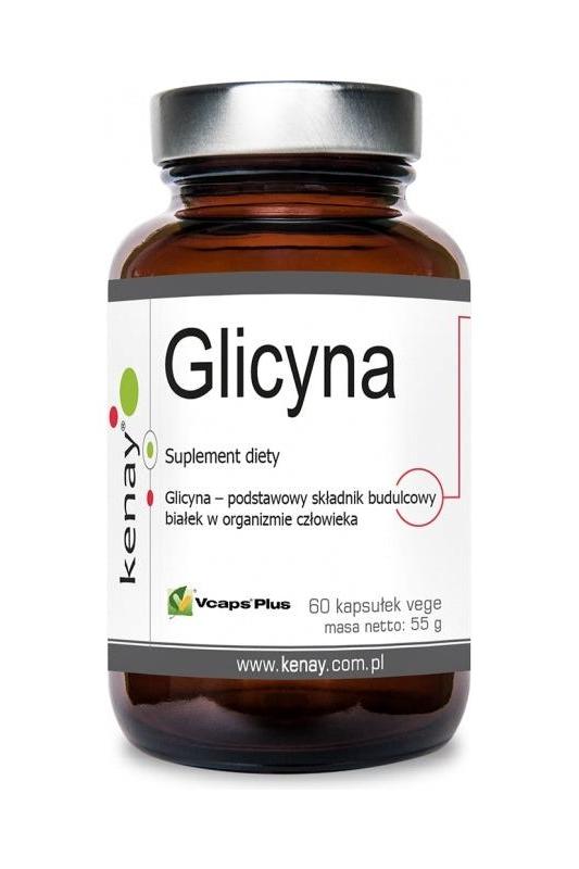 Kenay Glycine 800 Mg dietary supplement in a 60-capsule bottle for muscle support and better sleep.
