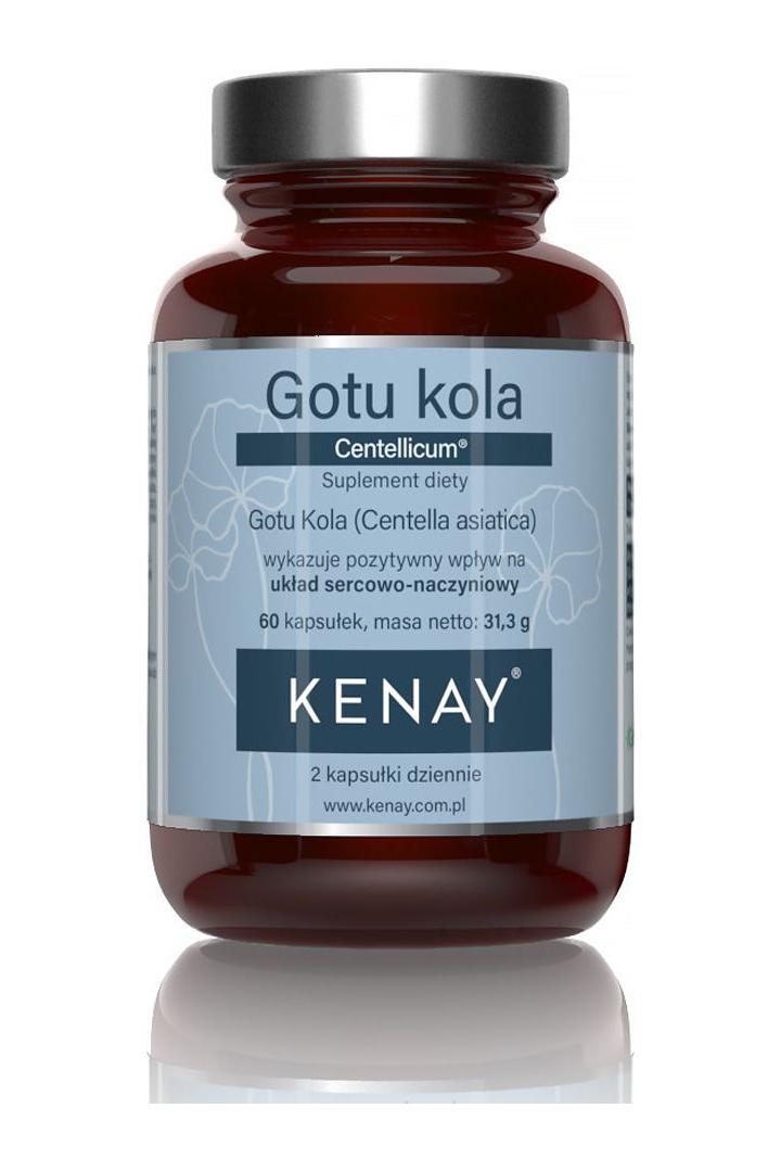 Kenay Gotu Kola Centellicum supplement bottle, 60 capsules for heart and digestive health support.