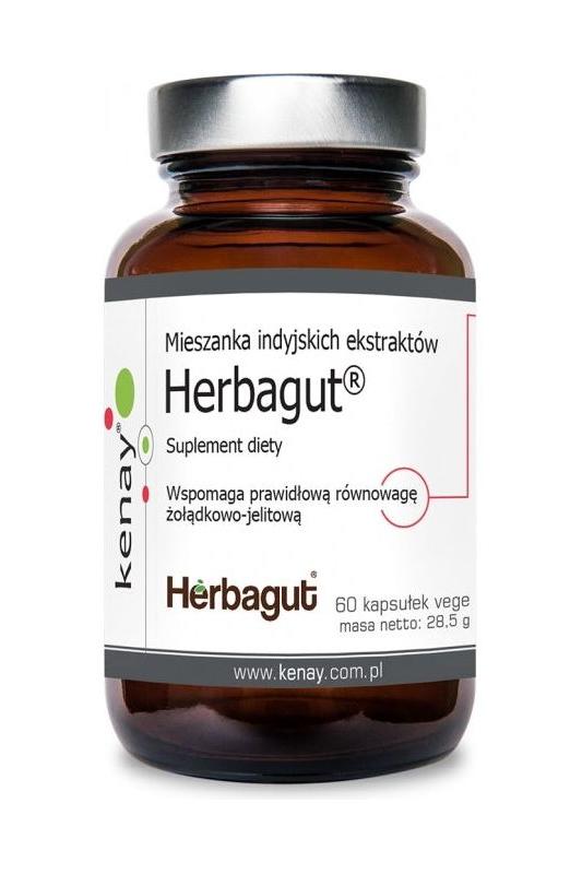 Kenay Herbagut® dietary supplement, a blend of Indian extracts in a dark jar, supports gut balance, 60 vegan capsules.