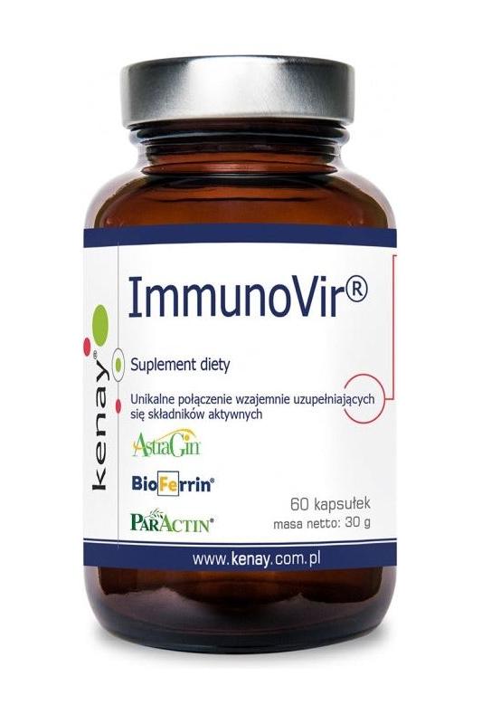 Kenay ImmunoVir dietary supplement in a brown bottle, featuring 60 capsules for immune support and nutrient absorption.