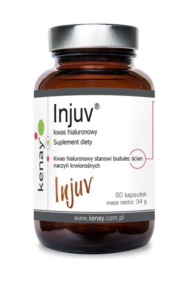 Kenay Injuv dietary supplement with hyaluronic acid in a brown glass jar, 60 capsules