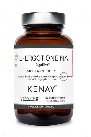Kenay L-Ergothioneine ErgoElite™ supplement bottle, 60 veg. capsules, antioxidant support for health.