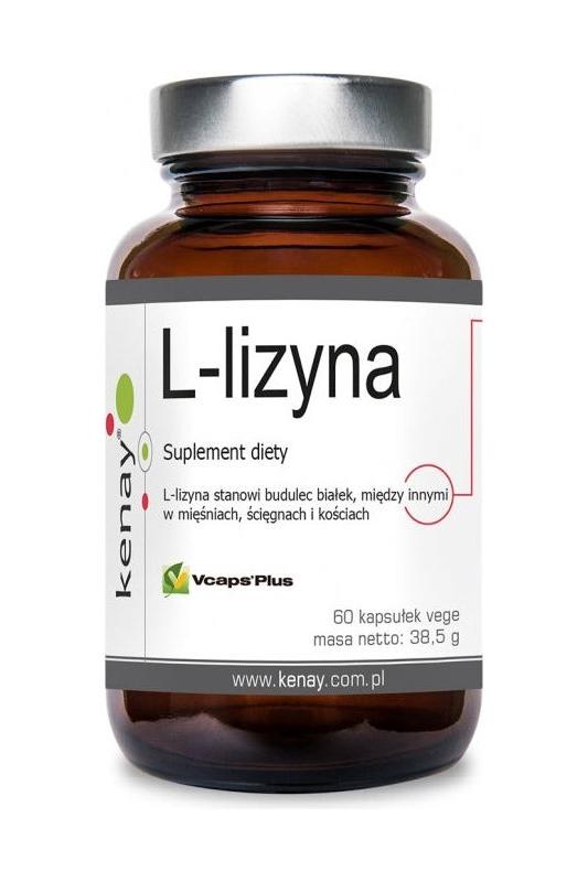 Kenay L-Lysine dietary supplement in a brown bottle, containing 60 vegetarian capsules.