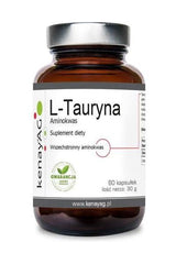 Kenay L-Taurine supplement bottle with 60 capsules for heart health and physical performance.