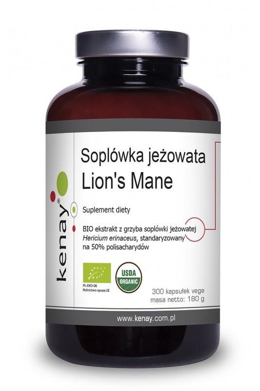 Kenay Lion's Mane dietary supplement, 300 capsules, organic Hericium erinaceus extract for cognitive health.