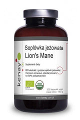 Kenay Lion's Mane dietary supplement, 300 capsules, organic Hericium erinaceus extract for cognitive health.