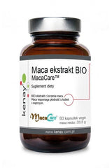 Kenay Maca Extract dietary supplement bottle with 60 capsules, promoting vitality and libido.
