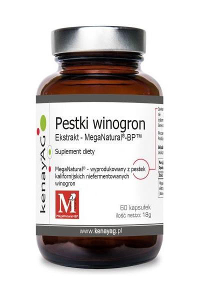 Kenay Mega Natural BP Grape Seed Extract dietary supplement in a brown bottle with 60 capsules.