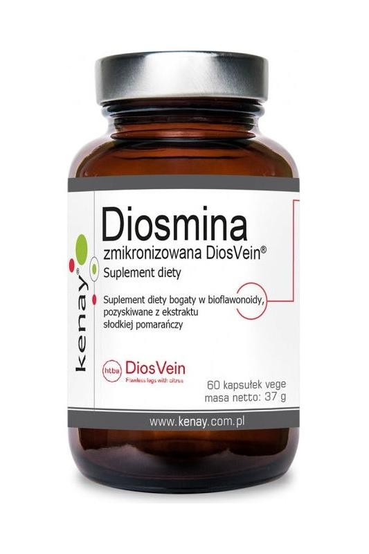 Kenay Diosmin DiosVein supplement bottle with 60 vegetarian capsules for improved circulation and antioxidant benefits.