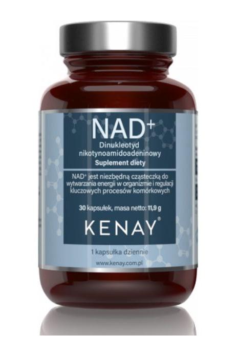 Kenay NAD+ Nicotinamide Adenine Dinucleotide supplement bottle with 30 capsules for energy production and healthy aging.