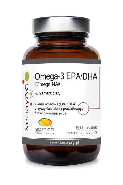 Kenay Omega-3 EPA/DHA EZmega Max supplement bottle with 60 soft gel capsules.