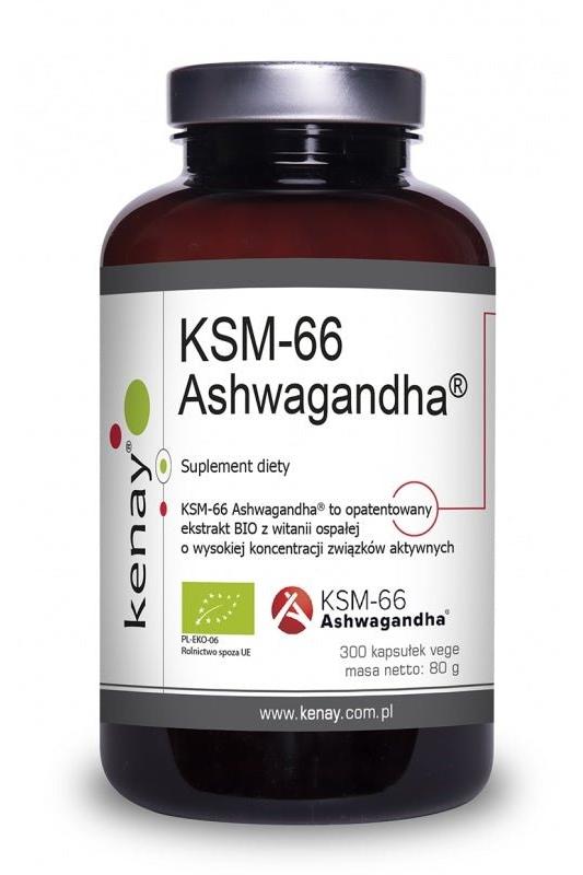 Kenay Organic Ashwagandha KSM-66 supplement bottle with 300 capsules for stress relief and mood enhancement.