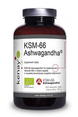 Kenay Organic Ashwagandha KSM-66 supplement bottle with 300 capsules for stress relief and mood enhancement.
