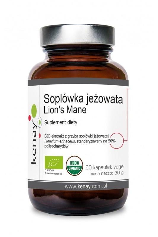 Kenay Organic Lion's Mane supplement bottle, 60 capsules, features natural extract for cognitive support and immune health.