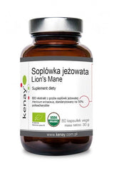 Kenay Organic Lion's Mane supplement bottle, 60 capsules, features natural extract for cognitive support and immune health.