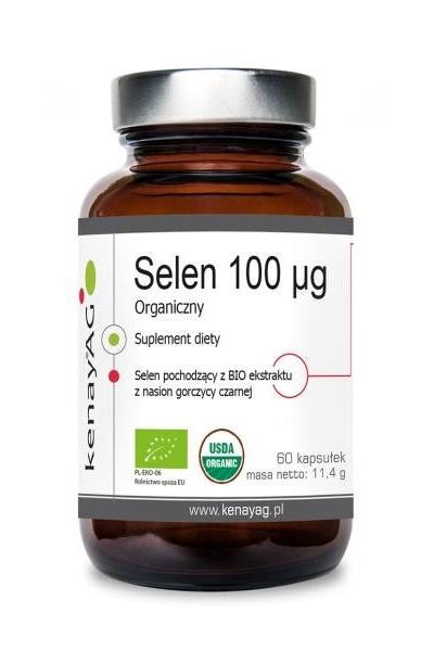 Kenay Organic Selenium 100 mcg dietary supplement bottle, 60 capsules, promotes healthy hair and nails.