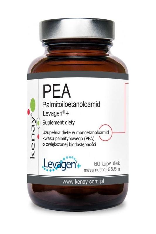Kenay Levagen+ Pea Palmitoiloetanoloamid supplement bottle with 60 capsules for joint health and physical activity. Kenay Levagen+ Pea Palmitoiloetanoloamid supplement bottle with 60 capsules for joint health and physical activity.
